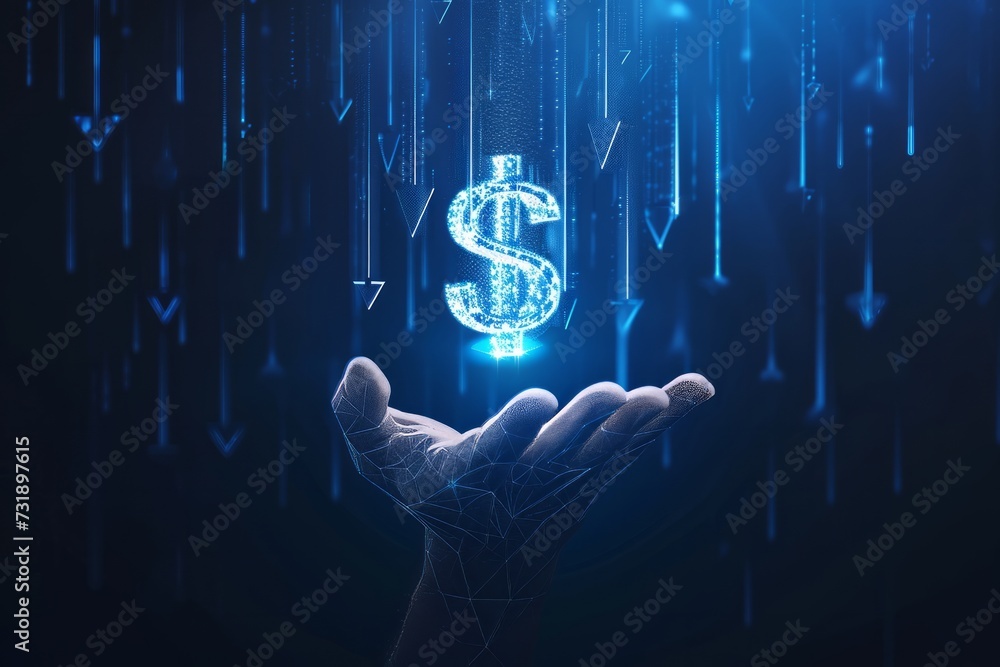 Poster digital image of a hand with a floating dollar symbol surrounded on a dark blue background.