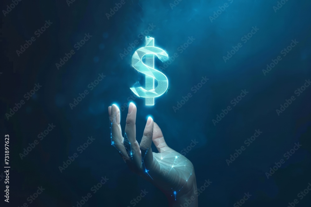 Poster digital image of a hand with a floating dollar symbol surrounded on a dark blue background.
