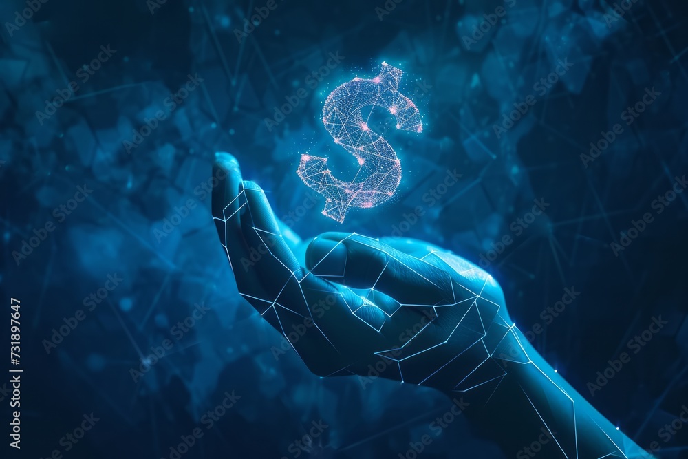 Poster digital image of a hand with a floating dollar symbol surrounded on a dark blue background.