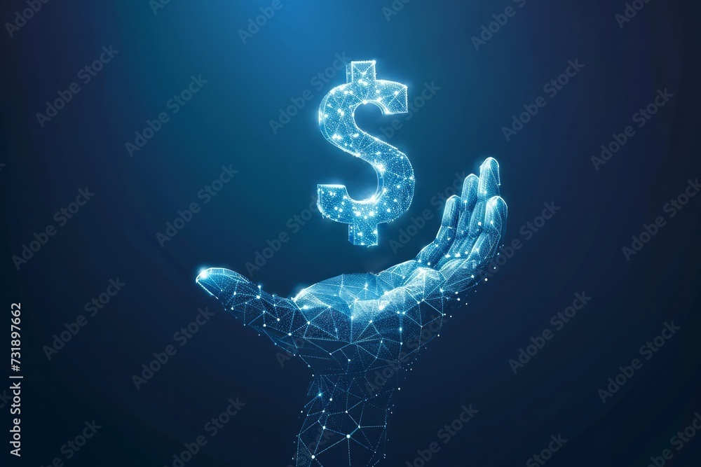 Poster digital image of a hand with a floating dollar symbol surrounded on a dark blue background.