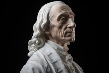John Locke statue from profile. He known for his contributions to empiricism, liberalism, and political theory, particularly the concept of the social contract and individual rights.