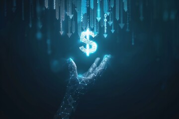 Digital image of a hand with a floating dollar symbol surrounded on a dark blue background. 