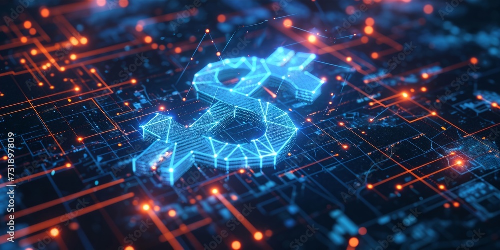 Poster digital representation of currency exchange concept with glowing elements.