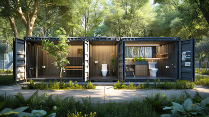 Converted old shipping container into wc cabine, isolated white.