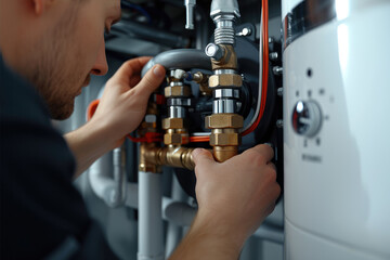 Hands of a plumber repairing a modern gas water heater. Generative AI.