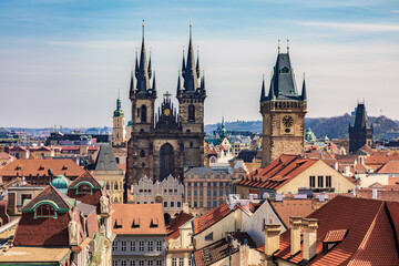 Fototapeta na wymiar Skyline of old town of Prague with Tyn Church in background