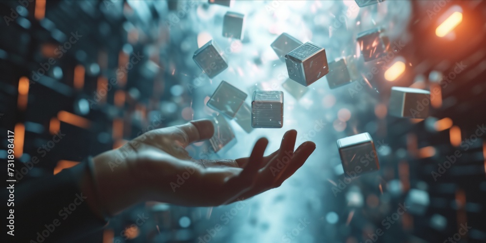 Poster hand with digital cubes hovering above, depicting data interaction.