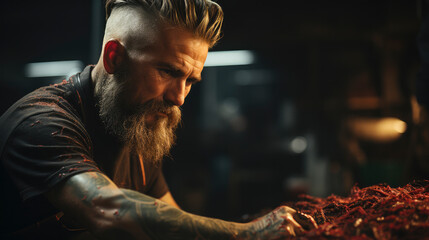 Stylish old man with beard and tattoos working in the workshop