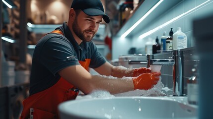 A plumbing specialist working, Professional repairman installing water tap in bathroom. Generative AI.