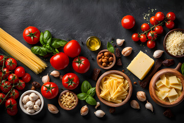 An array of fresh Italian cooking ingredients, including pasta, tomatoes, basil, garlic, cheese, and olives, artfully arranged on a dark surface