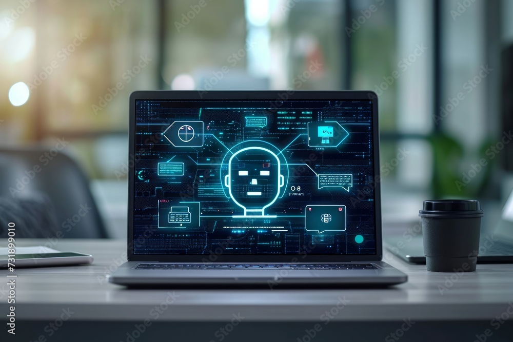 Poster laptop with chatbot dialogue interface, symbolizing ai communication.