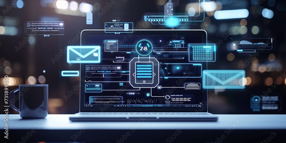 Poster laptop with chatbot dialogue interface, symbolizing ai communication.