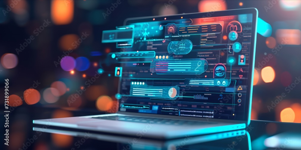 Poster laptop with chatbot dialogue interface, symbolizing ai communication.