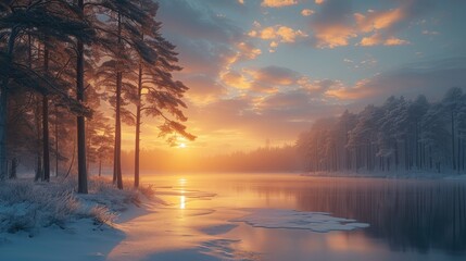 A beautiful sunrise over a frozen lake after a bleak midwinter. pine trees. Generative AI.