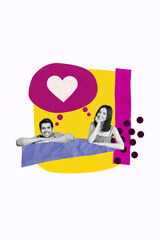 Vertical collage poster young couple lovers romantic relationship family dream think heart symbol like sympathy feelings white background