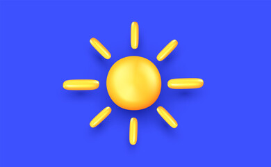 Vector weather illustration of yellow bright sun on blue sky color background. 3d style design of sunlight