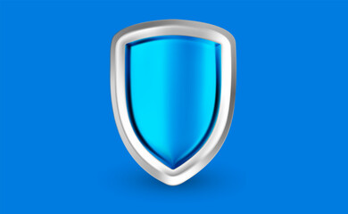 Vector illustration of blue color security shield on blue background. 3d style design of metallic shine shield