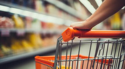 close-up of woman's hand on shopping trolley. Woman's hand confidently navigates a shopping trolley, embodying modern urban consumerism with a touch of contemporary style. - obrazy, fototapety, plakaty