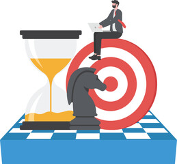 Business strategy, planning to achieve goal, management for company growth opportunity, market success goal, smart businessman working with computer sit on target with chess knight and sandglass.
