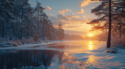 A beautiful sunrise over a frozen lake after a bleak midwinter. pine trees. Generative AI.