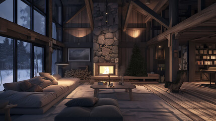 interior of a wooden house in the mountain - obrazy, fototapety, plakaty