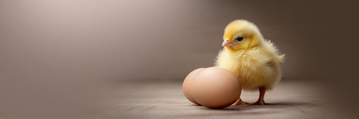Cute newborn yellow chick on a beige background. There is an Easter egg nearby. Concept - holiday, birthday. Banner with place for text for design, cards and invitations.