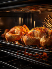 Fototapeta premium close-up view of cooked chicken in restaurant with steam blurred, kitchen restaurant background 