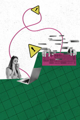 Vertical creative photo collage picture young scared girl suffer internet cyber hacking data leak...