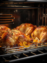 Fototapeta premium close-up view of cooked chicken in restaurant with steam blurred, kitchen restaurant background 