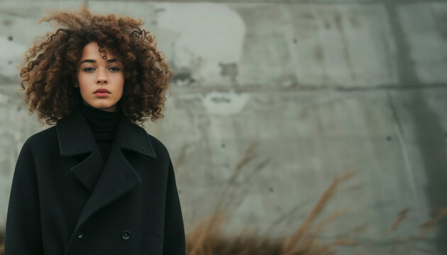 Junge Frau mit lockigem Haar, stehend im Mantel, mit unkonventionellem Portr&auml;tstil, young woman with curly hair standing in a coat, in the style of unconventional portraiture, lit kid 