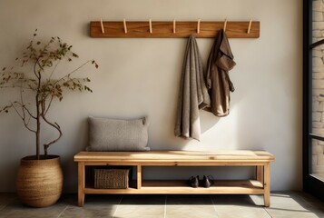 A wooden bench is positioned under a coat rack, providing a functional and practical seating area.