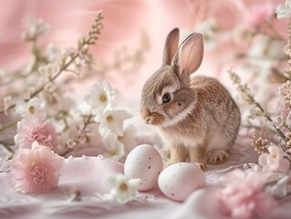 Naklejka na ściany i meble A brown rabbit with eggs sitting on a pink background surrounded by white and pink flowers