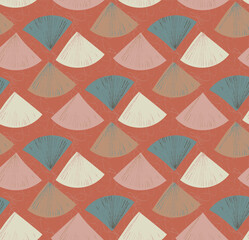 Abstract grey beige blue triangle shells on coral red