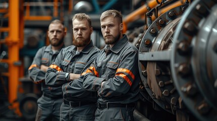 Fototapeta premium A team of diesel engine mechanic next to a big diesel engine, wearing gray clothes and orange details. Generative AI.