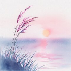 Little grass stem close-up with sunset over calm sea, sun going down over horizon. Pink and purple pastel watercolor soft tones. Beautiful nature background.