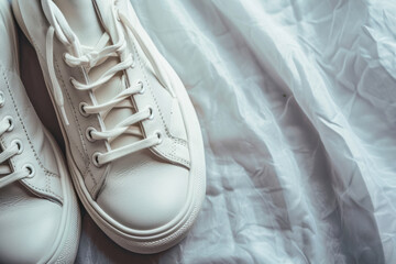 Luxury white leather sneakers layout on a gray background.