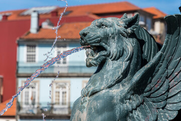 Detalle de la cabeza de uno de los leones de la fuente de la plaza de los leones en Oporto, Portugal - obrazy, fototapety, plakaty