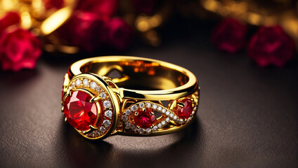 Luxurious gold engagement ring. Garnet or ruby ring on dark background. Copy space