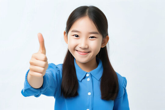 A young girl enthusiastically raises her thumb in approval, showcasing her positive attitude.