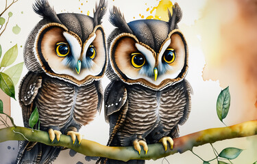 cute puppies owls with big eyes on tree  watercolor painting