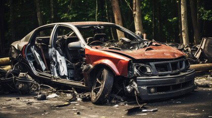 Crashed car in a serene forest backdrop: smoke rising.  Wrecked vehicle symbolising the impact of accidents on nature. Tragic beauty in destruction.
