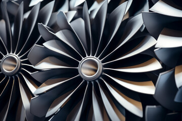 Angled jet engine turbines. Powerful aerospace machinery in modern metallic hues. Precision and innovation