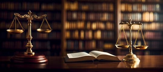 Banner of the scales of justice and law books short depth of field, empty space in middle for possible text - obrazy, fototapety, plakaty
