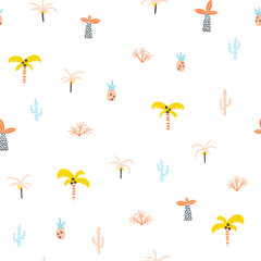 Tropical jungle seamless pattern. Palm trees and plants in a simple hand-drawn Scandinavian doodle style. Nursery pastel palette for printing baby clothes, textiles fabrics. Vector cartoon background