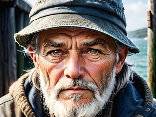 Weathered Wisdom: Portrait of a Seasoned Fisherman. generative AI