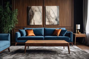 A clean and modern living room featuring a blue couch and a coffee table, creating a comfortable seating area.