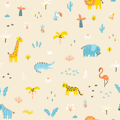 Tropical jungle seamless pattern. Animals and palms. Simple hand-drawn Scandinavian doodle style. Nursery pastel palette is ideal for printing baby clothes textiles fabrics. Vector cartoon background.