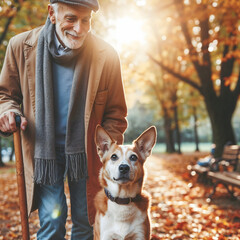 Anciano paseando perro en el parque - obrazy, fototapety, plakaty