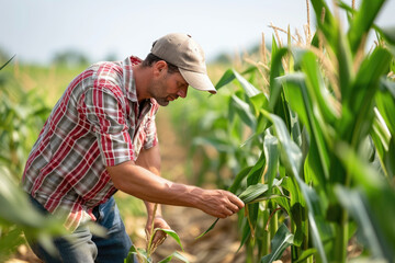 Naklejka na ściany i meble A farmer checks the maturity of corn on his crop or field