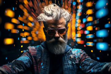 Futuristic coder immersed in a cascade of vibrant lines, embodying digital innovation and creativity. Neon-lit genius at work in the virtual realm